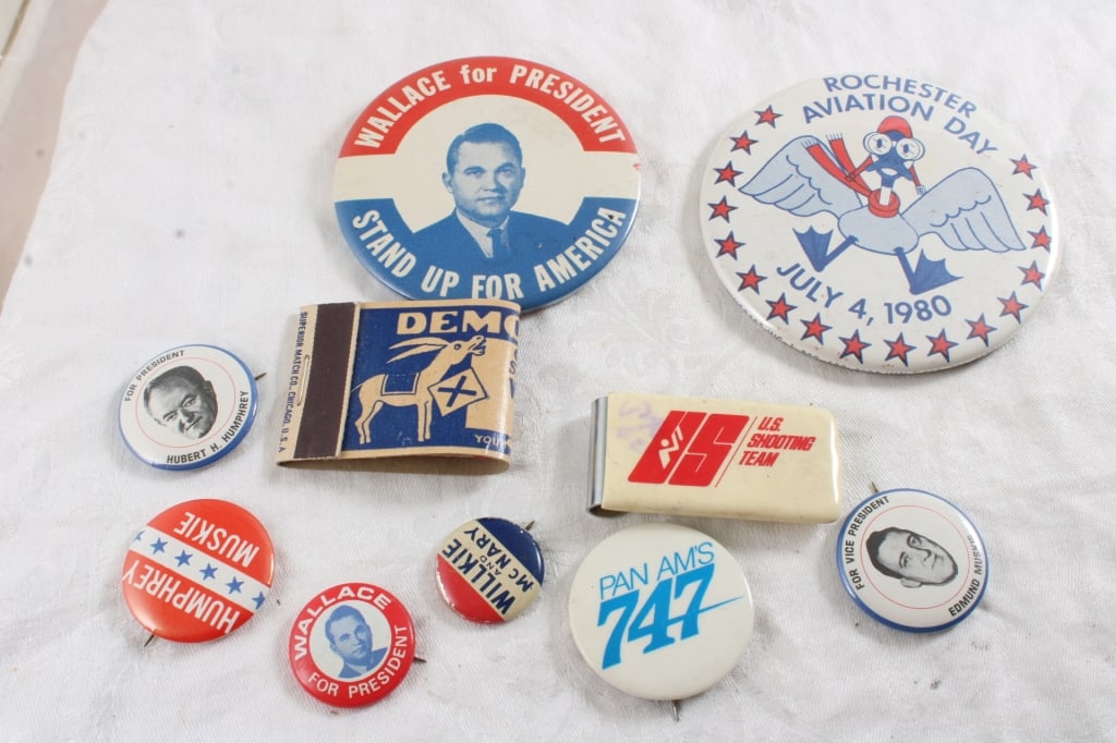 Political Pinbacks, Adv. Pinbacks, Adv. Money Clip: Political Pinbacks, Adv. Pinbacks, Adv. Money Clip - Political pinbacks Humphrey, Muskie, Wallace, 1940 Unused Democratic Front Strike Matchbook, Pan Am 747 Pinback, U.S. Shooting Team Money Clip and 