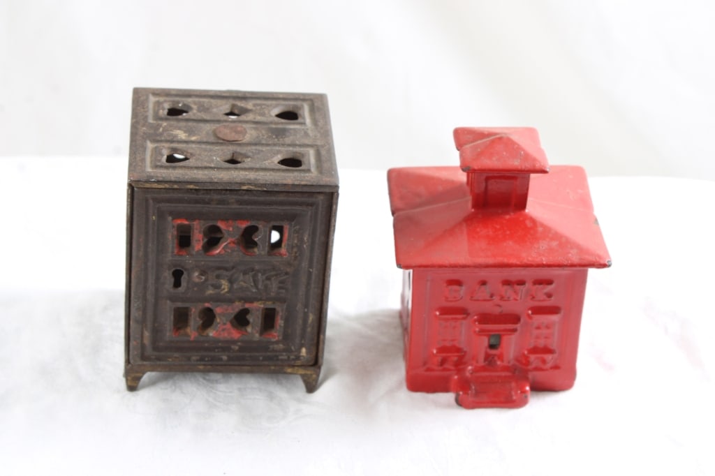 2 Cast Iron Banks Safe & Bank Building 3.25 & 3.5" (1 of 12)