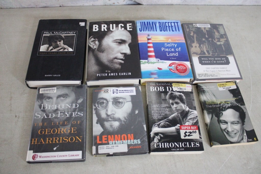 Celebrity Book Lot Bob Dylan, Remembering Lennon: Celebrity Book Lot Bob Dylan, Remembering Lennon - George Harrison, The Brian Epstein Story, Bruce Springsteen, Jimmy Buffet, The Carter Family, Paul McCartney, All as pictured. Please ask questions &