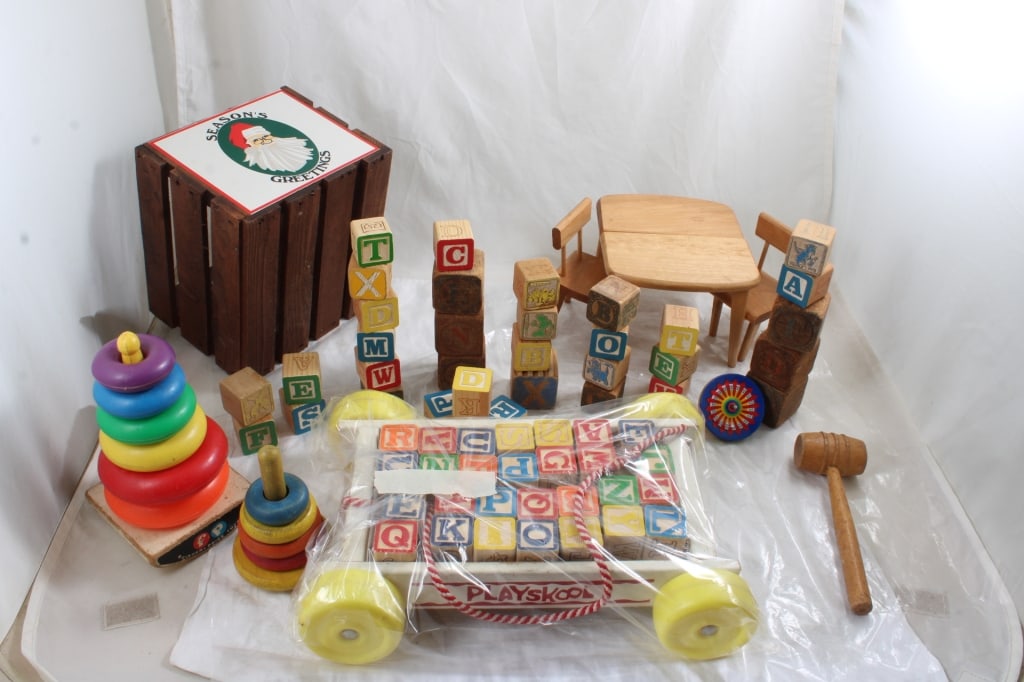 Kid's Toys Playskool Blocks Pull Along, and More: Kid's Toys Playskool Blocks Pull Along, and More - Extra Wooden Block Learning Blocks, Ring Stacking Games Fisher Price, Strombecker Table & 2 Chairs. All as pictured. Please ask questions & read term