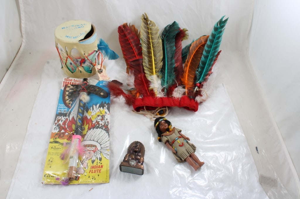 Child's Native American Toys & Souvenirs: Child's Native American Toys & Souvenirs - Headdress, Tom Tom Drum Mackinac Island Michigan, Tune Tootin' Tomahawk NIP, 6" Hard Plastic Native American Maiden Doll, Bronze 3.25" Indian Chief Souvenir