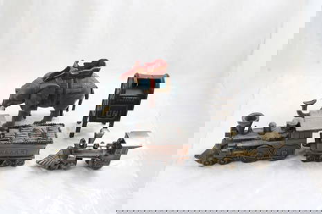 2 Cast Iron Banks, 3 Cast Metal Locomotives & Car: 2 Cast Iron Banks, 3 Cast Metal Locomotives & Car - Cast Iron Mechanical Elephant Bank (not working), Cast Iron U S Post Office Mail Box Bank and 3 Cast Metal Train Car & Locomotives. Elephant measure