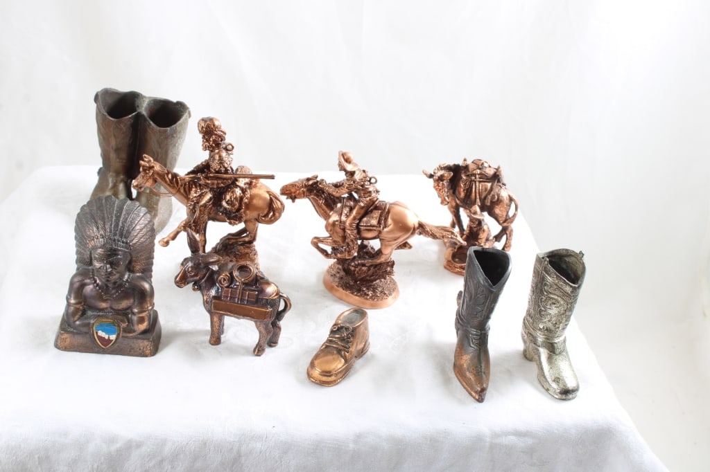 9 Western Theme Figurines: 9 Western Theme Figurines - Mt Rushmore Indian 3.5" Tall, 3 Hallmark Western Metal looking Figurines of Miner Cowboys that measure 2.5", 3.5" & 4" Tall, Pack Mule 2.5" Tall, Pair of Cowboy Boots 3" Ta