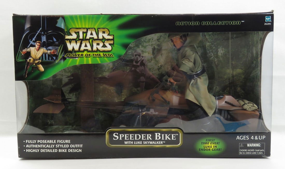 Star Wars Speeder Bike w/ Luke 1:6 Scale NIB: Star Wars Speeder Bike w/ Luke 1:6 Scale NIB - Hasbro 2001 - Star Wars Speeder Bike with Luke Skywalker Power of the Jedi - New in Box Single owner collection. Like new with box unless otherwise noted