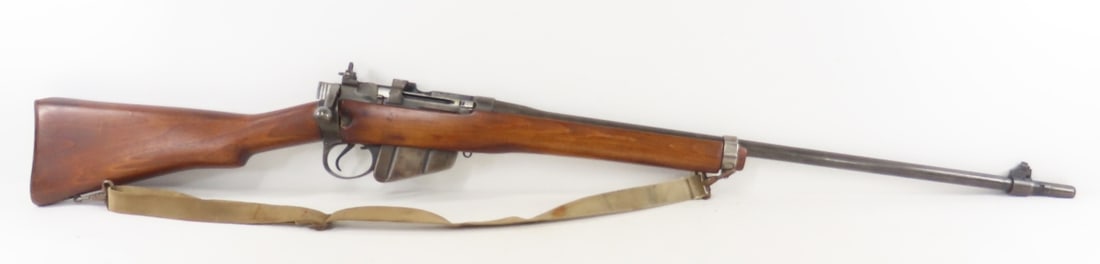 1943 British Enfield No4 MKI.303 Sporterized Rifle: 1943 British Enfield No4 MKI.303 Sporterized Rifle - SN# 1441, 25" barrel with front blade sight, rear peep sight, bolt action, sporterized stock with repair near brass butt plate- no cleaning rod, ca