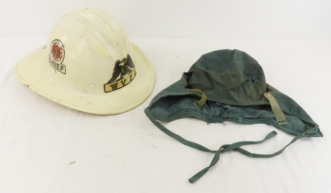 Bullard Hard Boiled WVFD Chief Firefighter Helmet: Bullard Hard Boiled WVFD Chief Firefighter Helmet - with liner and chinstrap, cloth head cover, very worn, plastic pieces have come undone, torn Please read terms & conditions and ask questions before