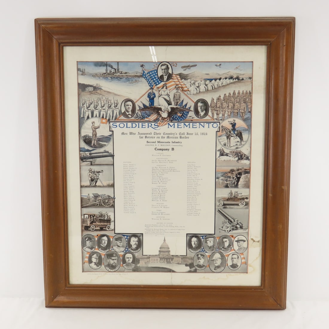 1916 Roster- Mexican Border Co B, 2nd MN Infantry: 1916 Roster- Mexican Border Co B, 2nd MN Infantry - Camp Llano, TX water stained, hole on edge,tear, framed 23.5 x 27" Please read terms & conditions and ask questions before bidding.