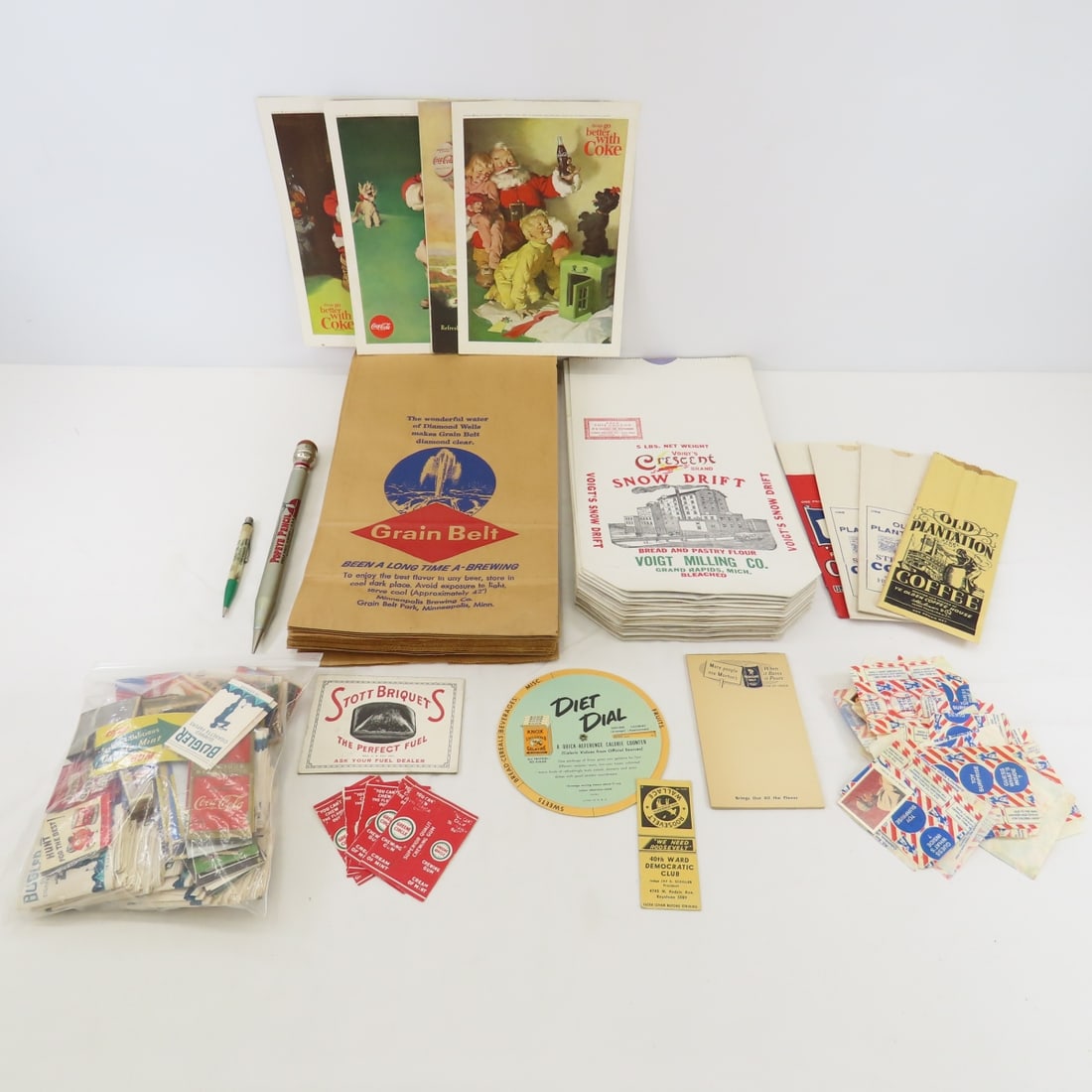 Vintage Advertising Bags, Matchbooks & more: Vintage Advertising Bags, Matchbooks & more - Cracker Jack 'Toy Surprises', Matchbooks, Bugler Cigarette Papers, Coffee Bags, Morton's Salt, Stott Briquets, Knox Gelatine, Eden Oil Company, Eagle Penc