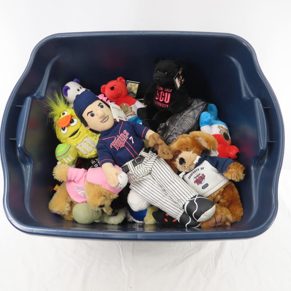 Ty Beanie Babies, Eurobear, M&M's and Other Plush: Ty Beanie Babies, Eurobear, M&M's and Other Plush - Bin with lid included with pickup only. Please ask questions & read terms & conditions before bidding. Live Auctioneers only display 20 photos per l