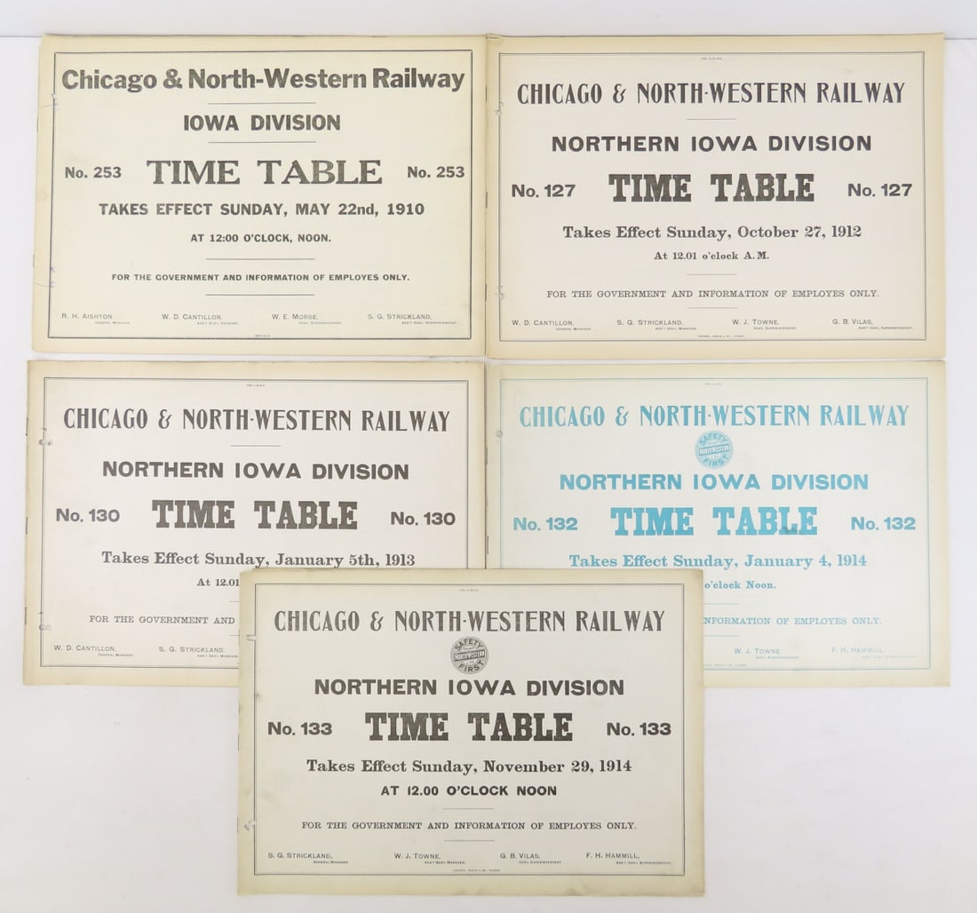 5 C&NW Horse Blanket Time Tables - IA & Nor. IA: 5 C&NW Horse Blanket Time Tables - IA & Nor. IA - Iowa Div may 1910 #253, Northern Iowa Div: Oct 1912 #127, Jan 1913 #130, Jan 1914 #132, Nov 1914 #133 Live Auctioneers only shows 20 photos- all photo