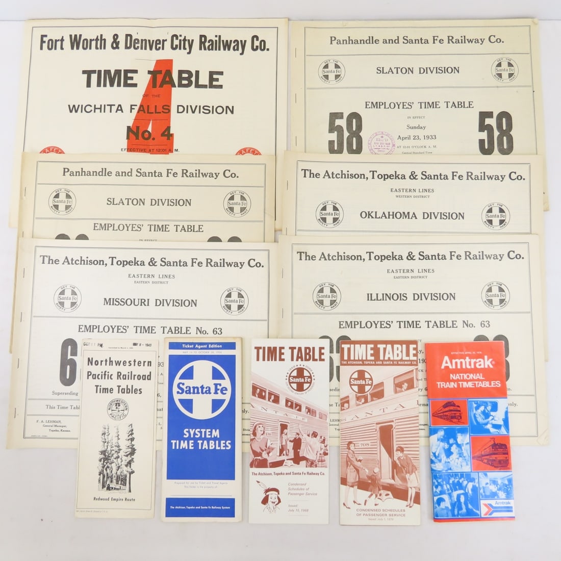 5 Santa Fe Horse Blanket & Other Time Tables: 5 Santa Fe Horse Blanket & Other Time Tables - Horse Blanket: 1936 AT&SF #63 OK Div, MO Div & IL Div.; P&SF (Panhandle & Santa Fe) 1933 Slaton Div #58 & 1936 Slaton #62; FW&DC 1931 Wichita Falls #4. N
