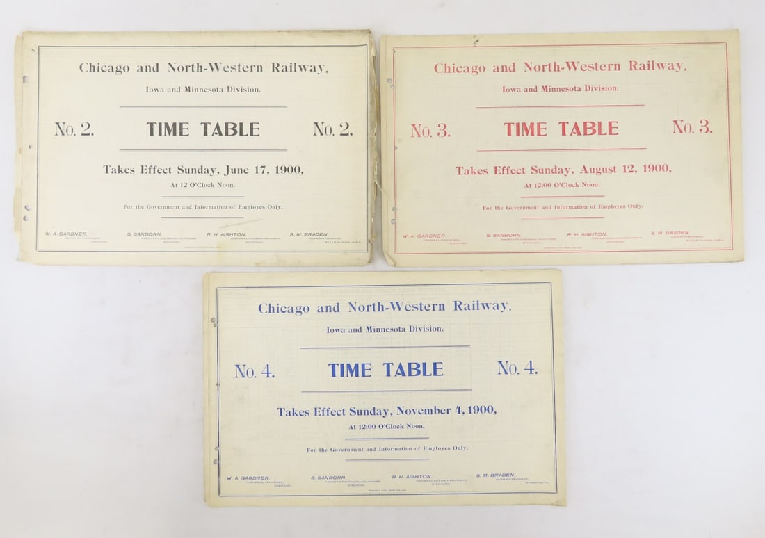 3 C&NW Horse Blanket Time Tables IA & MN Div: 3 C&NW Horse Blanket Time Tables IA & MN Div - Jun 1900 #2, Aug 1900 #3, No 1900 #4 Live Auctioneers only shows 20 photos- all photos are viewableon Proxibid. https://www.proxibid.com/A-New-Day-Auctio