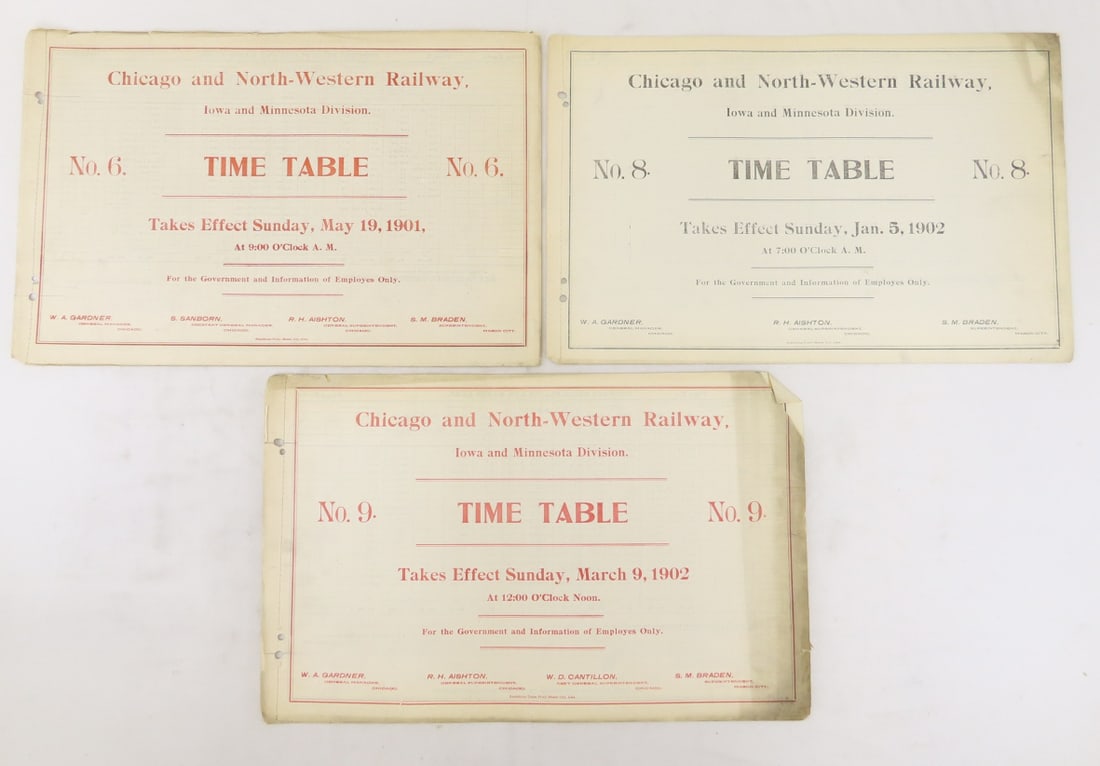 3 C&NW Horse Blanket Time Tables IA & MN Div: 3 C&NW Horse Blanket Time Tables IA & MN Div - May 1901 #6, Jan 1902 #8, Mar 1902 # 9 Live Auctioneers only shows 20 photos- all photos are viewableon Proxibid. https://www.proxibid.com/A-New-Day-Auct
