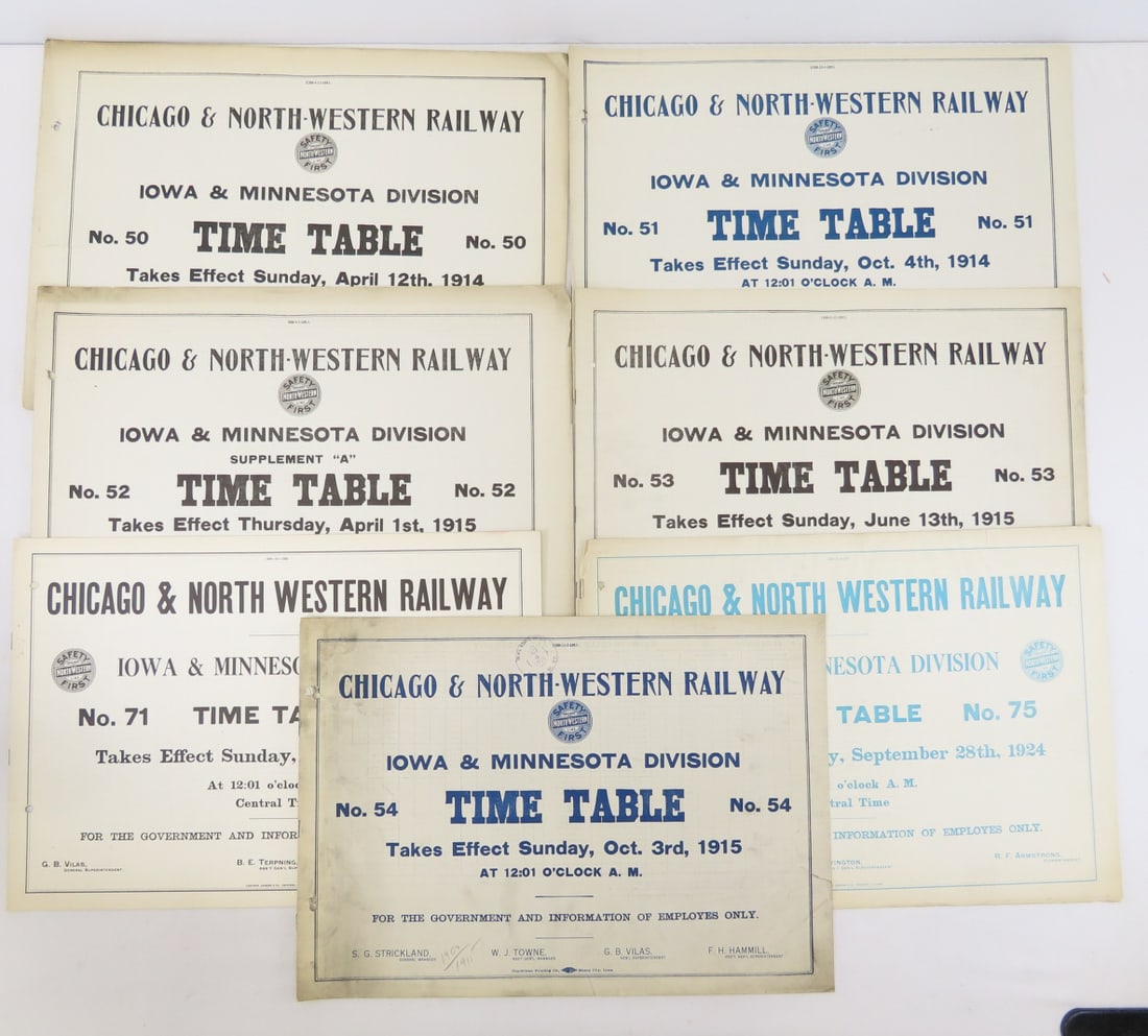 7 C&NW Horse Blanket Time Tables IA & MN Div: 7 C&NW Horse Blanket Time Tables IA & MN Div - April 1914 #50, Oct 1914 #51, April 1915 #52 Supplement A, June 1915 #53, Oct 1915 #54, Oct 1922 #71, Sep 1924 #75 (cover is separated) Live Auctioneers 