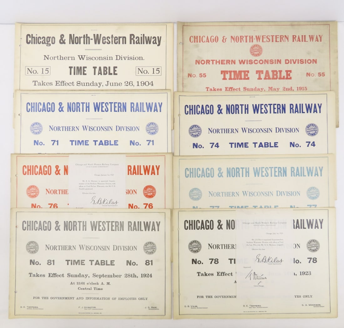 8 C&NW Horse Blanket Time Tables N WI Div: 8 C&NW Horse Blanket Time Tables N WI Div - June 1904 #15, May 1915 #55, Jan 1922 #71, Oct 1922 #74, Nov 1922 #76, Jan 1923 #77, June 1923 #78, Sep1924 #81 Live Auctioneers only shows 20 photos- all p