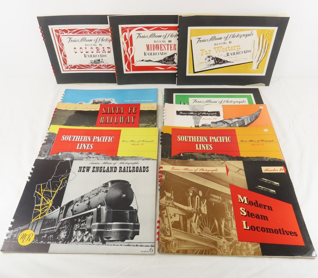 11 "Trains Album of Photographs" bound books: 11 "Trains Album of Photographs" bound books - by Kalmbach Publishing, Volumes 1-6, 10, 11 x2, 12 & 14. Books are spiral bound and 14x10.5" Live Auctioneers only shows 20 photos- all photos are viewab