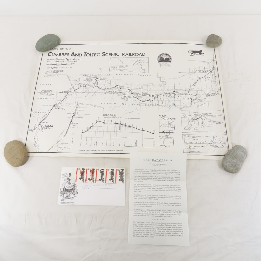 Cumbres & Toltec Scenic RR Map & 1st Day Cover: Cumbres & Toltec Scenic RR Map & 1st Day Cover - 22 x15" print of 1970 map by Ernest W. Roberts, 1970 was when Colorado and New Mexico jointly purchased the track and line-side structures from Antonit