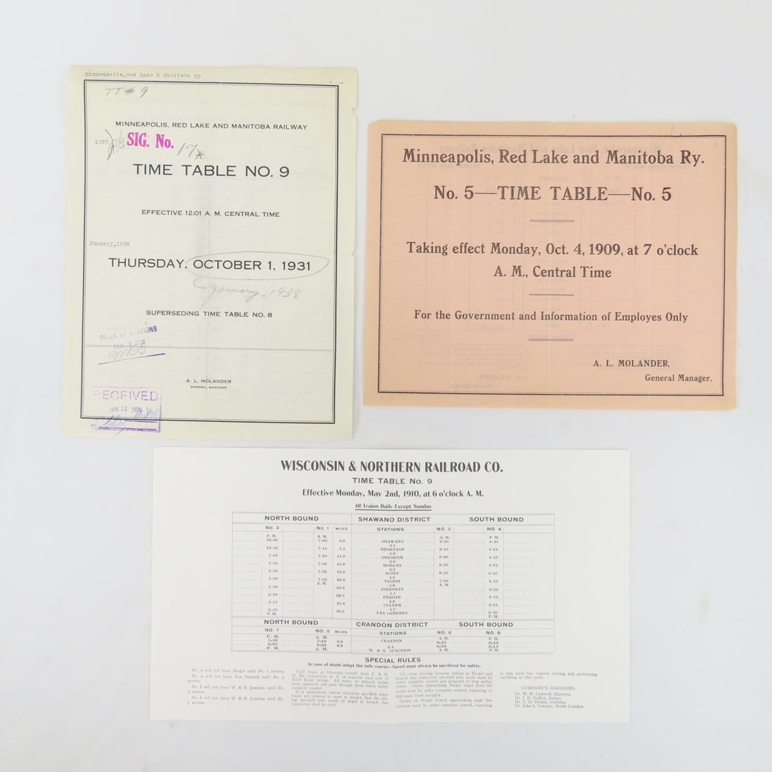 Mpls, Red Lake & Manitoba Time Tables & More: Mpls, Red Lake & Manitoba Time Tables & More - Minneapolis, Red Lake and Manitoba RY 1909 No 5 and 1931 No 9, and Wisconsin & Northern 1910 no 9 Live Auctioneers only shows 20 photos- all photos are v