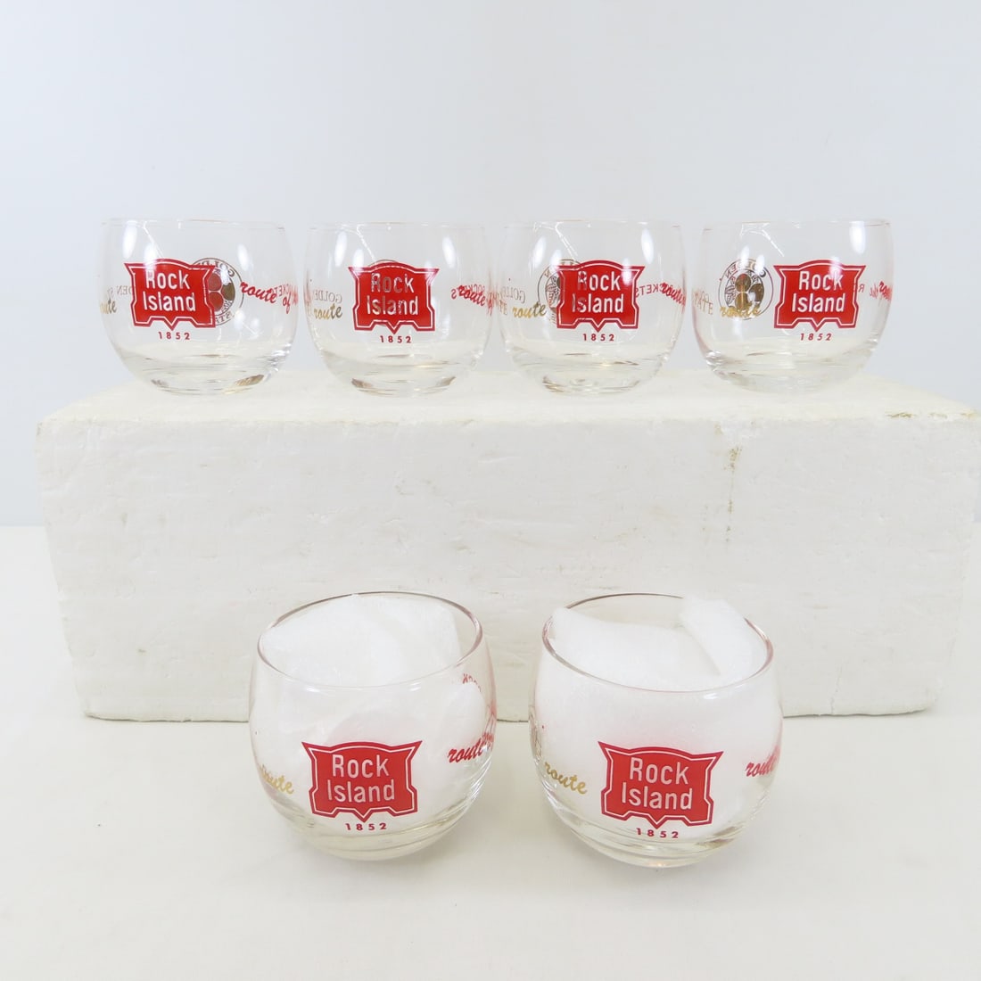 6 Rock Island Golden State Cocktail Glasses: 6 Rock Island Golden State Cocktail Glasses - Live Auctioneers only shows 20 photos- all photos are viewableon Proxibid. https://www.proxibid.com/A-New-Day-Auctions-LLC/10-4-6th-Annual-Railroadiana-Au