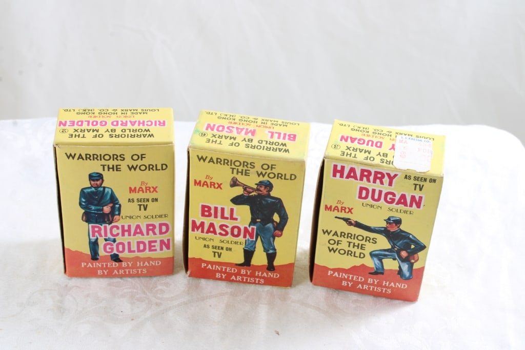 3 MARX Warriors of the World Union Soldiers: 3 MARX Warriors of the World Union Soldiers - As pictured. Please read terms and conditions and askquestions before bidding. Live Auctioneers only shows 20 photos per lot. All photos can be viewed on 