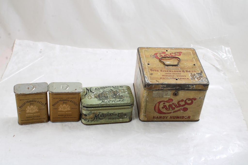Tobacco Humidor, Mixture, 2 Tin Cigarette Carriers: Tobacco Humidor, Mixture, 2 Tin Cigarette Carriers - 2 Philip Morris & Co. Cigarette Pocket Tins, Maryland Club Original Tobacco Mixture Tin, Cinco Otto Cisenlohr & Bros. Tobacco Humidor. All as pictu