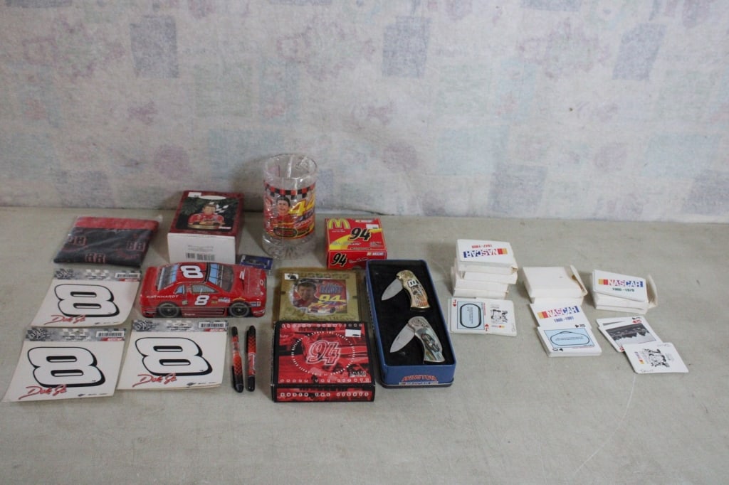 NASCAR COLLECTIBLES: NASCAR COLLECTIBLES - Stein, Hallmark Ornament, 2 Folding Knives, Nascar Car with Candy STILL SEALED, Photo Frame, 4 Diecast Sealed Hot Wheels, 8 Decks of Nascar Decades Playing Cards, Magnet & Decals