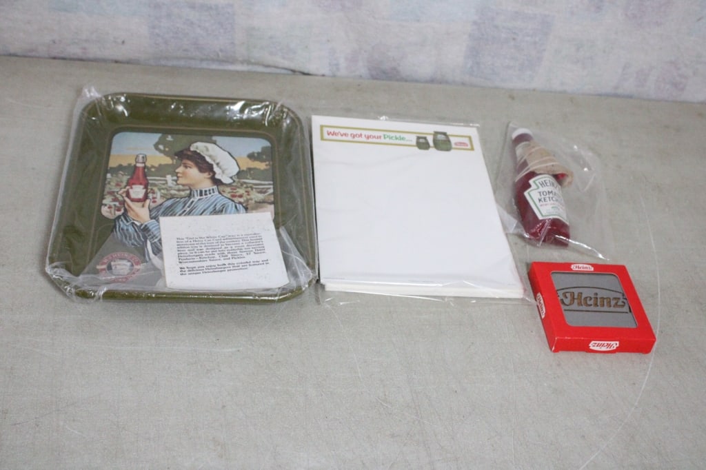 Vintage Heinz Advertising Collectibles: Vintage Heinz Advertising Collectibles - Coasters New in Package, Figural Ketchup Bottle Desk Pen Holder Unused, New in Package Advertising Tray that measures 13" 10.5" New in Package, 150+ Advertisin