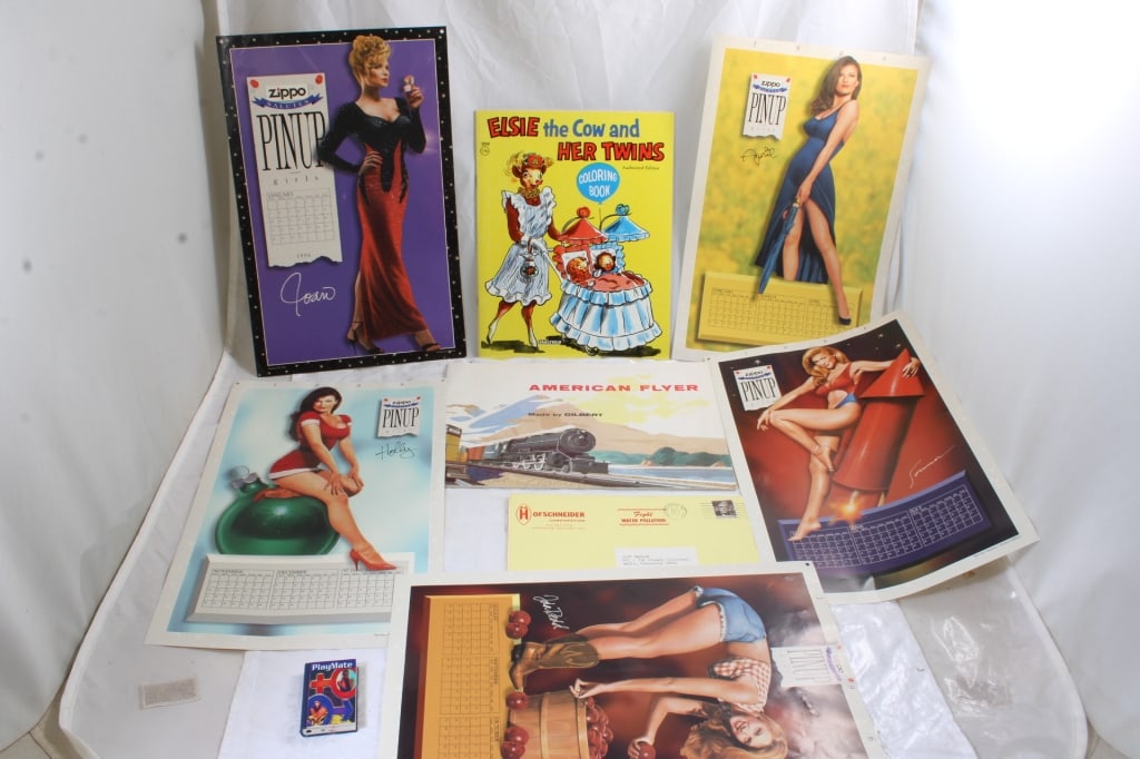 Advertising Collectibles 1957 Elsie Cow Color Book: Advertising Collectibles 1957 Elsie Cow Color Book - unused, 5 Zippo Lighters 1996 Pin-up Calendars, Playmate Lighter that Works Red Eye Lures 1978 Sales Brochure for 50th Anniversary 1928-1978, 1950'