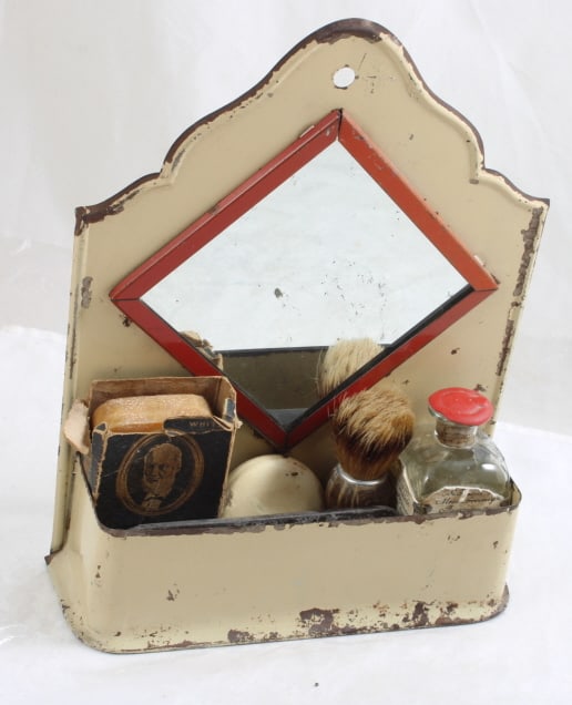 Antique Shaving Items in Metal Wall Hanger Holder (1 of 15)