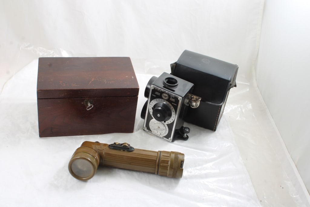 Survey Transit, Military Flashlight, Wood Lock Box (1 of 18)