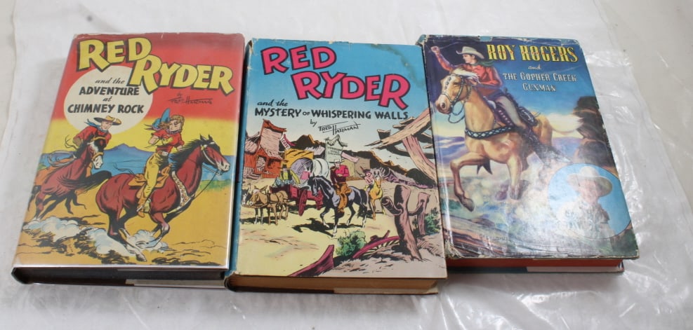 3 H/C Western Books Red Ryder & Roy Rogers: 3 H/C Western Books Red Ryder & Roy Rogers - 1946 Red Ryder and the Adventure at Chimney Rock with Dust Jacket, 1941 Red Ryder Whispering Walls with Dust Jacket, 1945 Roy Rogers and The Gopher Creek G