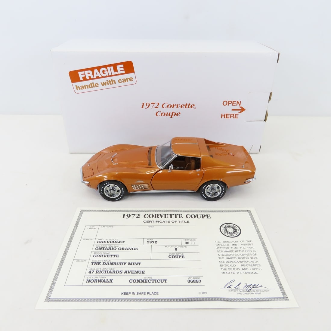Danbury Mint Die Cast 1972 Corvette Coupe in Box: Danbury Mint Die Cast 1972 Corvette Coupe in Box - 1/24 Scale Photos are part of the description. Live Auctioneers only shows 20 photos per lot, Proxibid and Bid.ANewDayAuctions.com show all if there 