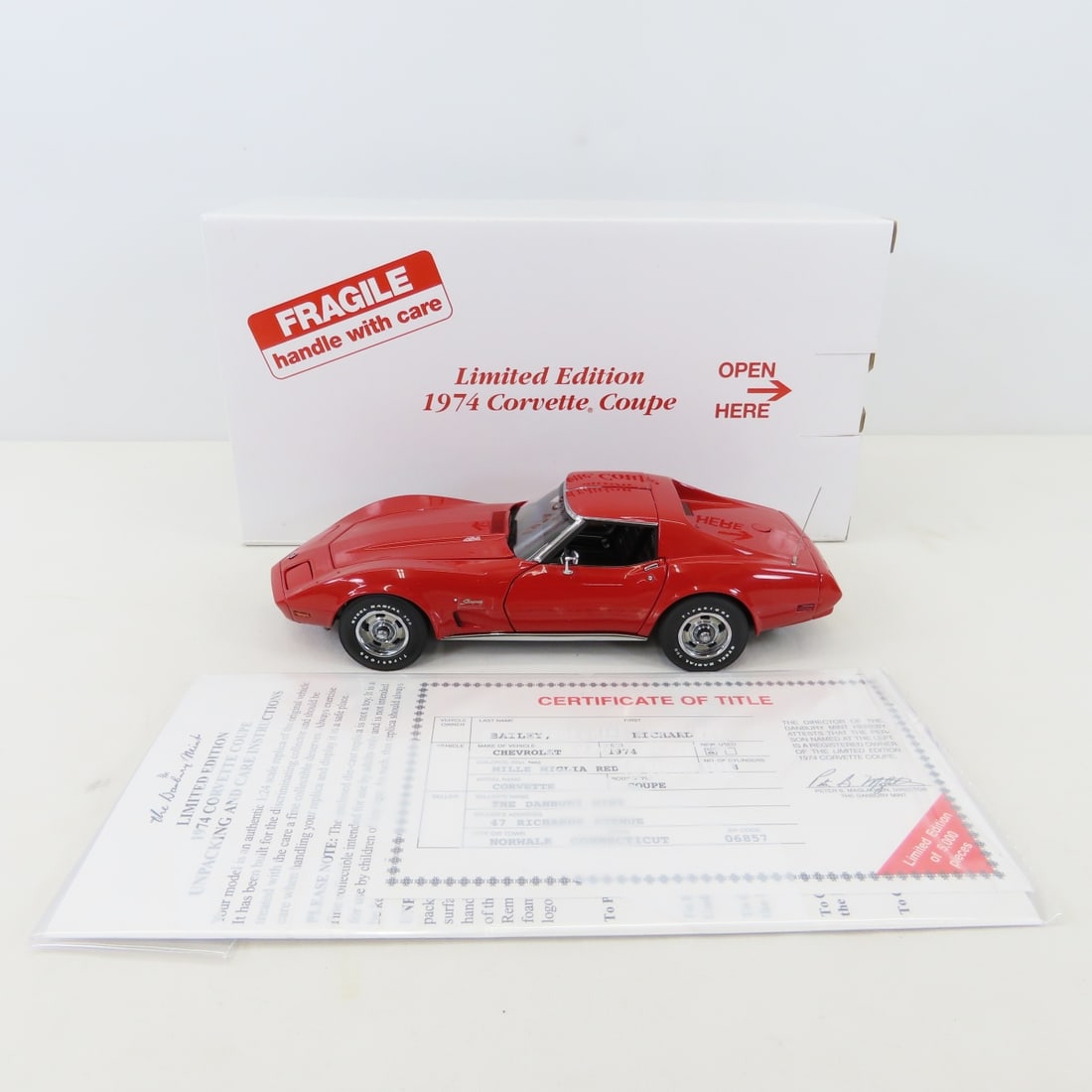 Danbury Mint DieCast 1974 Corvette Coupe LE in Box: Danbury Mint DieCast 1974 Corvette Coupe LE in Box - 1/24 Scale Photos are part of the description. Live Auctioneers only shows 20 photos per lot, Proxibid and Bid.ANewDayAuctions.com show all if ther