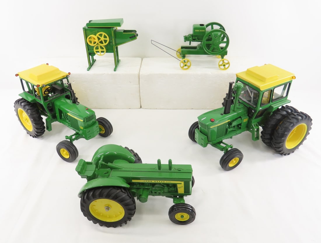 3 Ertl John Deere Tractors, Corn Sheller & Engine: 3 Ertl John Deere Tractors, Corn Sheller & Engine - Die Cast, 1:16 Scale, John Deere Model 4620 Diesel, Model 630 Diesel, Model 820 Diesel, Corn Sheller, Gas Engine Photos are part of the description.