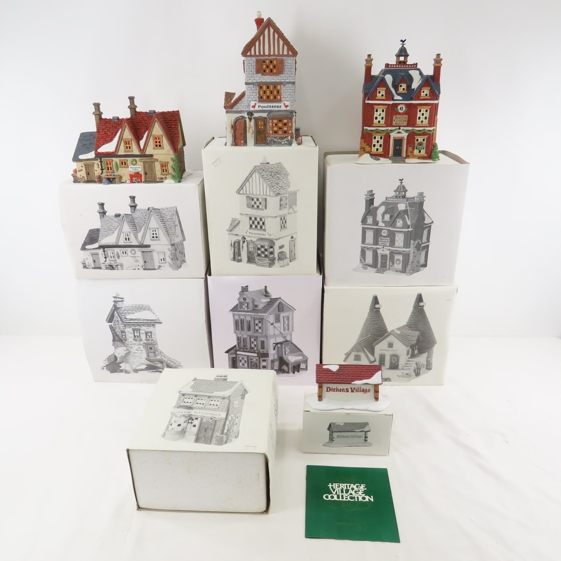 7 Dept 56 Dickens Village Buildings & 1 Access.: 7 Dept 56 Dickens Village Buildings & 1 Access. - Geo Weeton Watchmaker, The Maltings, Bishops Oast house, Boarding & Lodging School, Butter Tub Farmhouse, Poulterer, J Lytes Coal Merchant & Dickens V