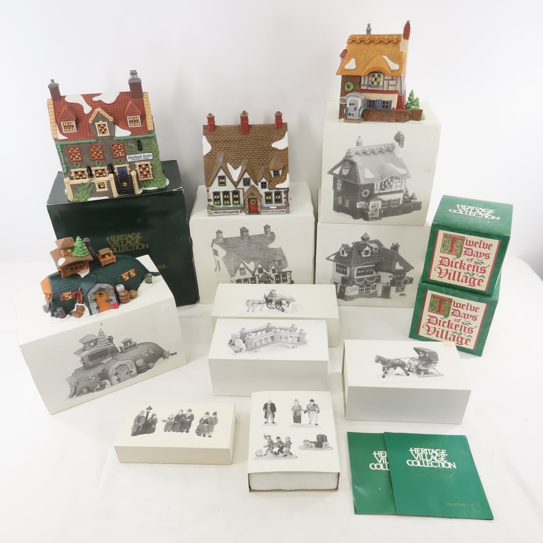 5 Dept 56 Dickens Village Buildings & 7 Access.: 5 Dept 56 Dickens Village Buildings & 7 Access. - David Copperfield: Betsy Trotwoods Cottage, Peggotty's Seaside Cottage, Mr. Wickfield Solicitor. Nicholas Nickleby, Nicholas Nickleby, Wackford Squeer