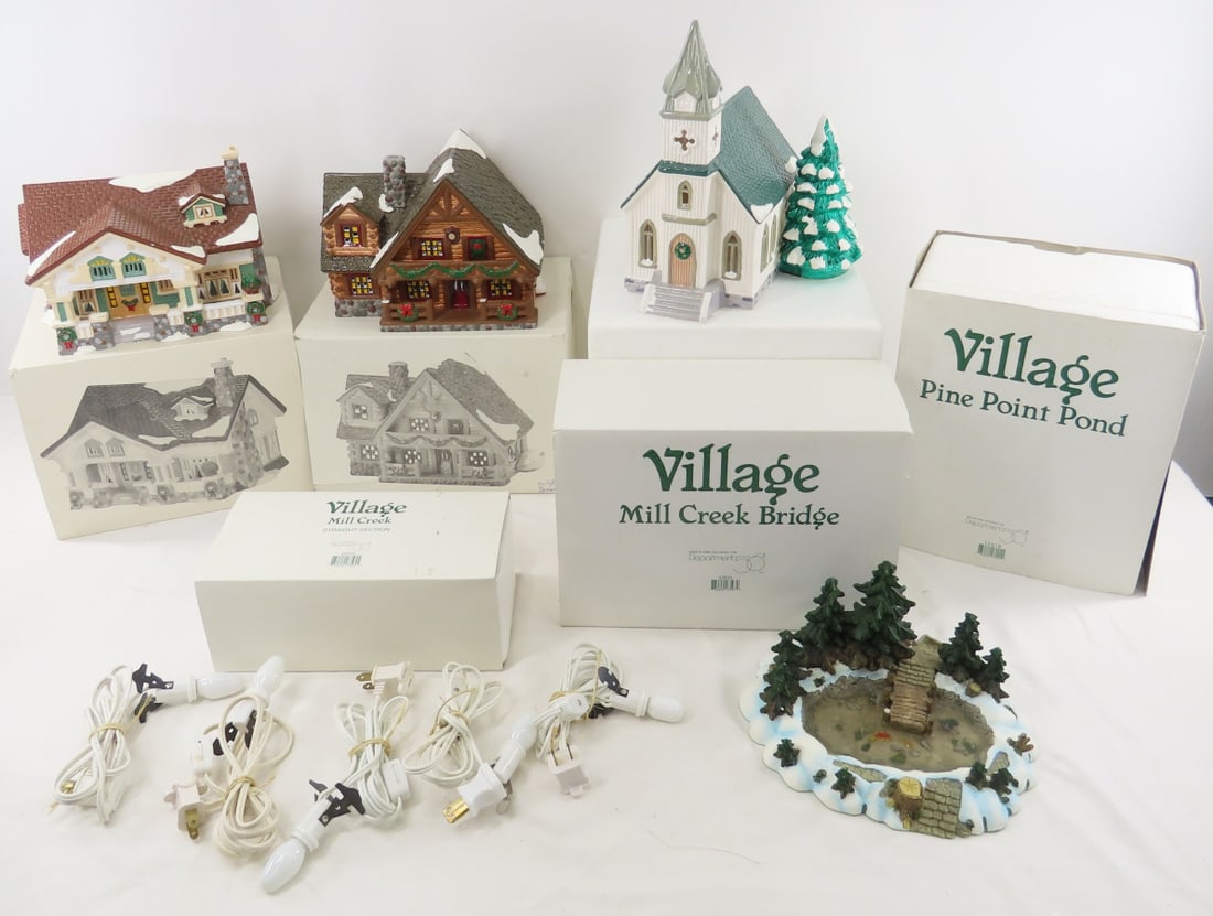 3 Dept 56 Snow Village Buildings & 3 Access: 3 Dept 56 Snow Village Buildings & 3 Access - All Saints, Hunting lodge (broken off bushes), Craftsman Cottage, Village Point Pond, Mill Creek Bridge, Mill Creek, 5 individual light cords Photos are p