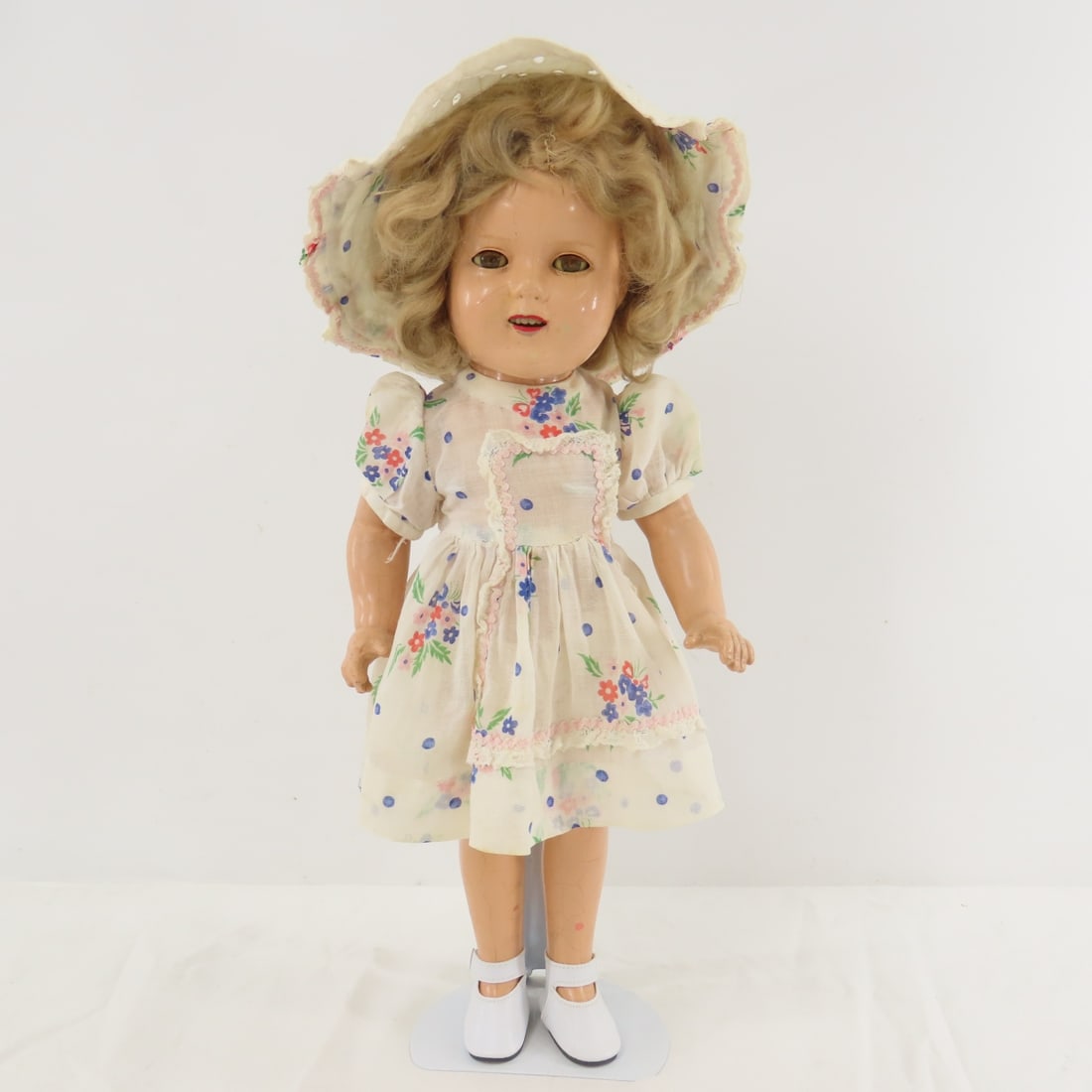 1934-35 Ideal 16" Shirley Temple Compo Doll: 1934-35 Ideal 16" Shirley Temple Compo Doll - back of head marked "16 / SHIRLEY TEMPLE / IDEAL / COP T&N CO", back is marked "SHIRLEY TEMPLE 16". some minor crazing and cracking, 1 pot of nail polish