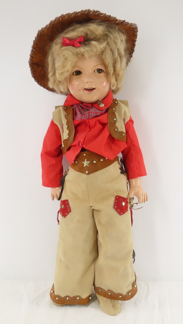 1936 Ideal Shirley Temple Texas Ranger 27" Doll: 1936 Ideal Shirley Temple Texas Ranger 27" Doll - All compo, socket head, straight legs, arms slightly bent at the elbow, flirty eyes missing upper hair lashes, painted lower lashes & brows, open mout