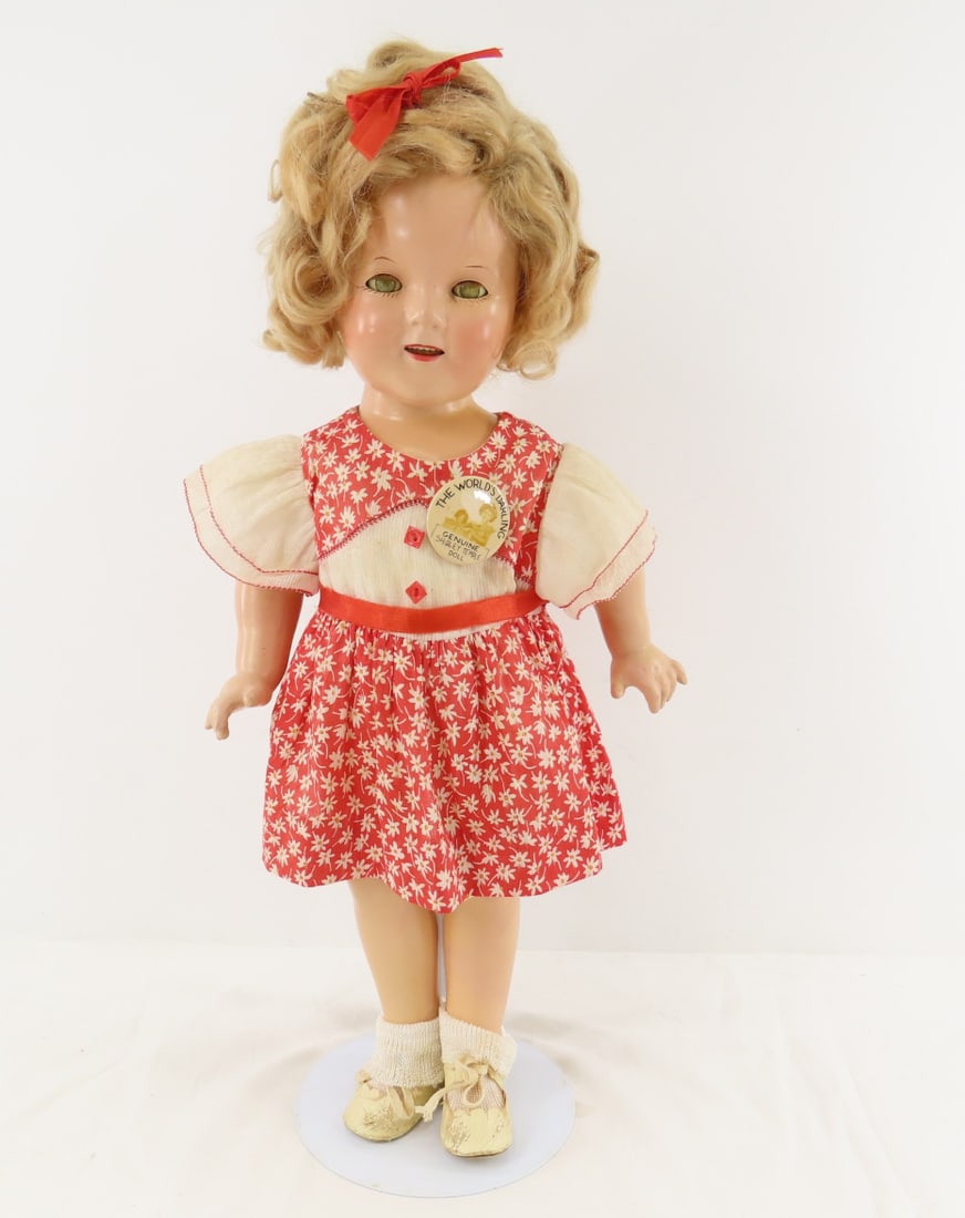 1934-35 Ideal 18" Shirley Temple Compo Doll: 1934-35 Ideal 18" Shirley Temple Compo Doll - back of head marked " SHIRLEY TEMPLE / IDEAL / COP T&N CO", no mark on back of body. Some minor crazing and cracking, open mouth with teeth, sleep eyes wi