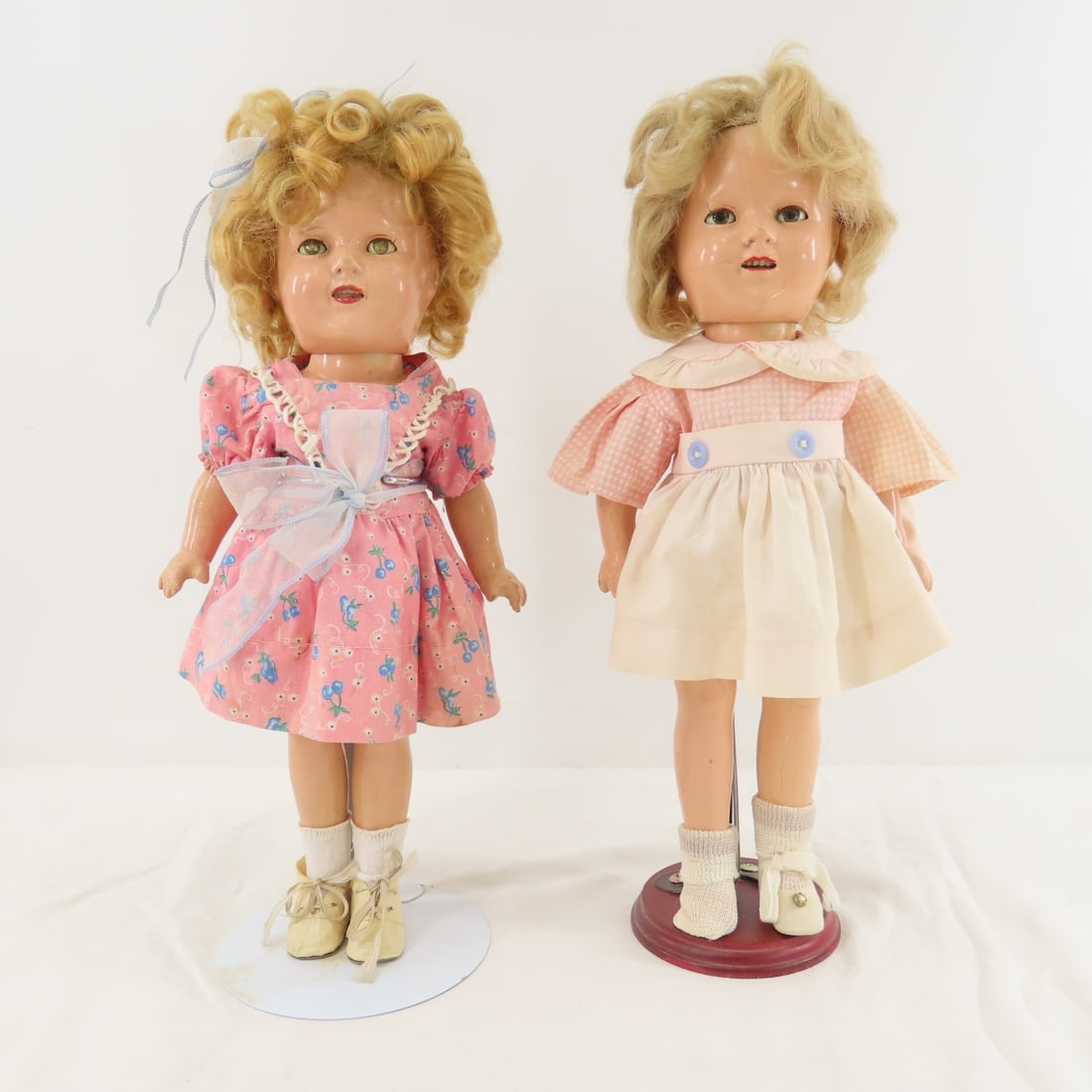 2 Vintage Ideal Shirley Temple 13" Compo Dolls: 2 Vintage Ideal Shirley Temple 13" Compo Dolls - both have head and back marked "Shirley Temple 13", both have some cracking in compo, sleep eyes with lashes (some missing) and open mouth with teeth.