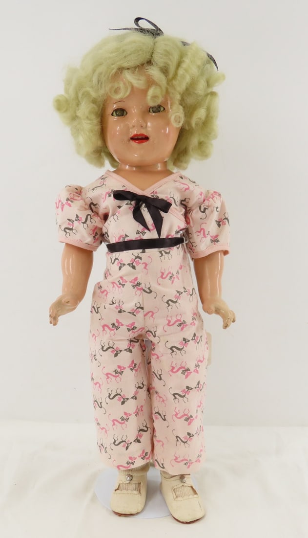 1934-35 Ideal 18" Shirley Temple Compo Doll: 1934-35 Ideal 18" Shirley Temple Compo Doll - back of head marked "18 / SHIRLEY TEMPLE / IDEAL / COP T&N CO"- most is covered by replacement wig, back is marked "SHIRLEY TEMPLE 18". some minor crazing