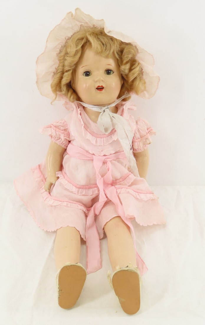 Vintage Shirley Temple Look-A-Like 21" Compo Doll: Vintage Shirley Temple Look-A-Like 21" Compo Doll - Compo socket shoulder head with sleep eyes with real upper lashes- some damage to eyes, open mouth with teeth, compo arms, straight, legs, cloth bod