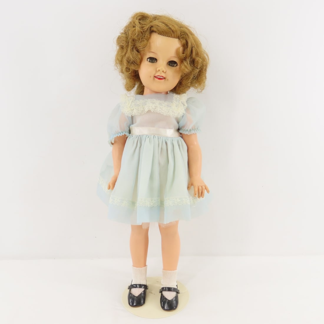 1959-60 Ideal 17" Twinkle Eyes Shirley Temple Doll: 1959-60 Ideal 17" Twinkle Eyes Shirley Temple Doll - head & back marked "IDEAL DOLL ST-17-1", vinyl, twinkle flirty eyes that go side to side with lashes, open mouth with teeth, dimples, in original b