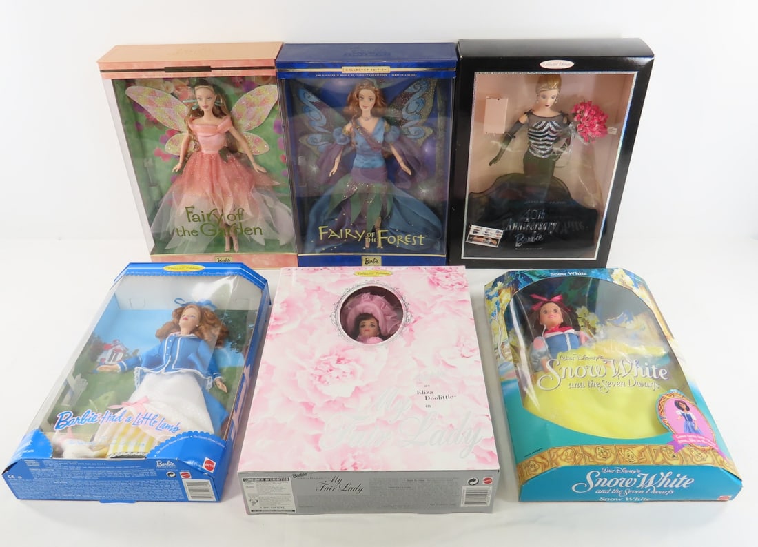Walt Disney Snow White & 5 Barbie's in Boxes: Walt Disney Snow White & 5 Barbie's in Boxes - Walt Disney's Snow White, Barbies: Fairy of the Garden, Fairy of the Forest, 40th Anniversary, Eliza Doolittle Photos are part of the description. Live A