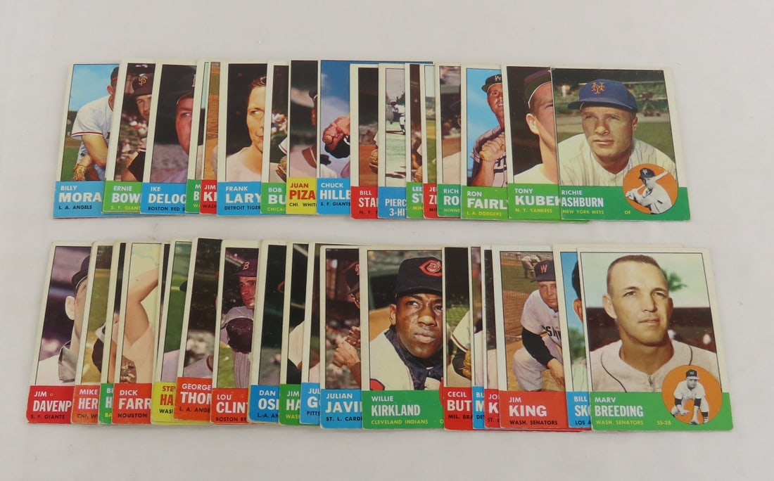 45 1963 Topps Baseball Cards: 45 1963 Topps Baseball Cards - Photos are part of the description. Live Auctioneers only shows 20 photos per lot, Proxibid and Bid.ANewDayAuctions.com show all if there are more than 20. Ask questions