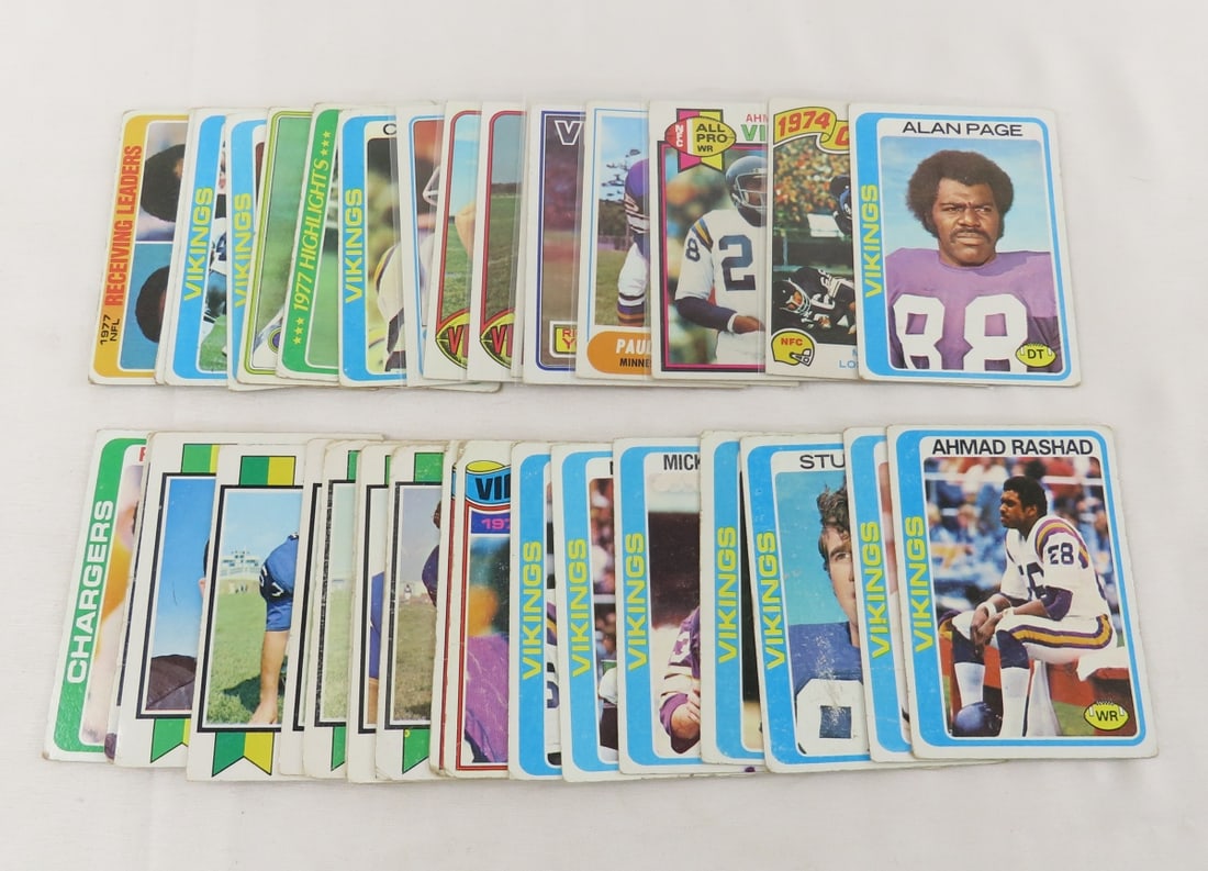 35 Vintage MN Vikings Football Cards: 35 Vintage MN Vikings Football Cards - Photos are part of the description. Live Auctioneers only shows 20 photos per lot, Proxibid and Bid.ANewDayAuctions.com show all if there are more than 20. Ask q