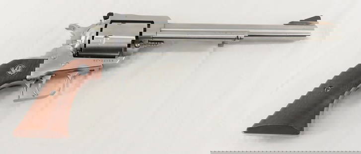 Ruger New Model Super Blackhawk .44 Mag Revolver: Ruger New Model Super Blackhawk .44 Mag Revolver - SN# 86-22858, stainless, 7 1/2" barrel, front blade and rear notch sights, 6 shot, rosewood grips with medallion. Mfg 1991. FFL transfer