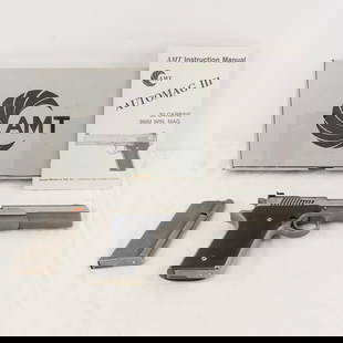 AMT Automag III .30 Carbine Pistol in Box: AMT Automag III .30 Carbine Pistol in Box - SN# AO6380, Arcadia Machine & Tool (AMT), SA, 6 1/2" barrel, front blade, adjustable rear notch sight, with 2 8 round magazines, booklet and original