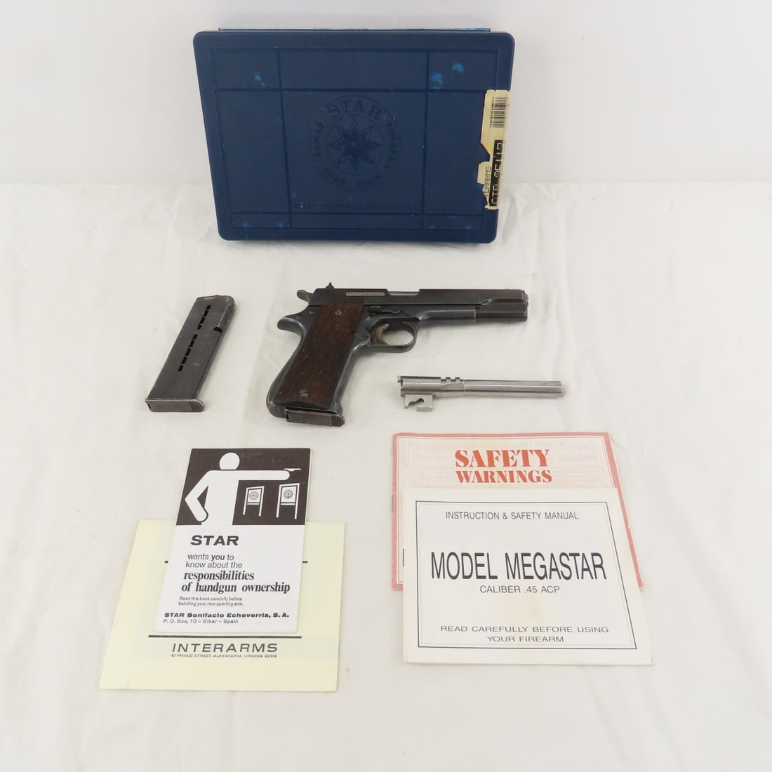 Star Modelo Super SA 9mm Pistol with Extra Barrel: Star Modelo Super SA 9mm Pistol with Extra Barrel - SN# 338441, manufacture in Spain imported by IAC- Alex VA. 5" barrel, also 2nd 5" barrel, iron sights, also marked ET 9200on frame with proof marks,